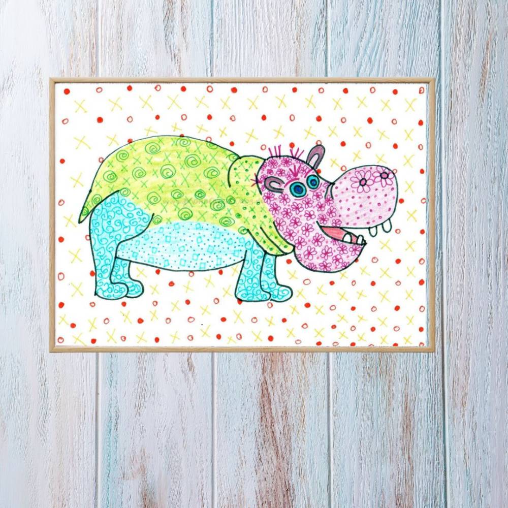 Postkarte, Poster, Illustration , Nilpferd, handgemalt, PDF Download Bild 2
