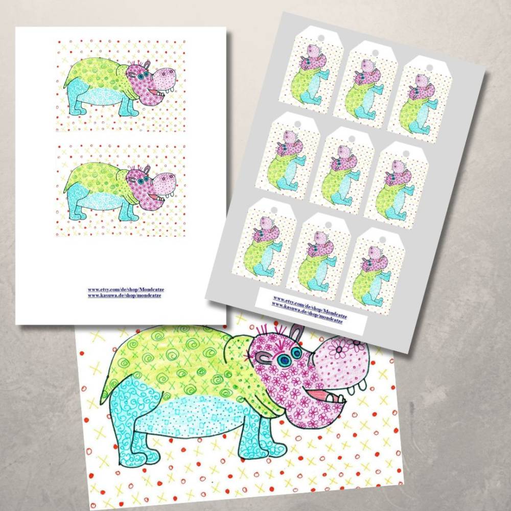 Postkarte, Poster, Illustration , Nilpferd, handgemalt, PDF Download Bild 5