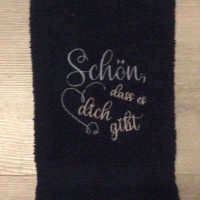 Bestickte Gästehandtücher personalisiert Unikate - Schön, dass es dich …- Dunkelblau mit hellblauer und heller Sch