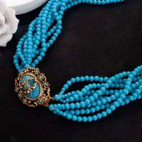 Bijoux Stern Paris Vintage Glasperlen Kette mehrreihig Cabochon türkisblau goldfarben 60er Midcentury, Trödel Dings da