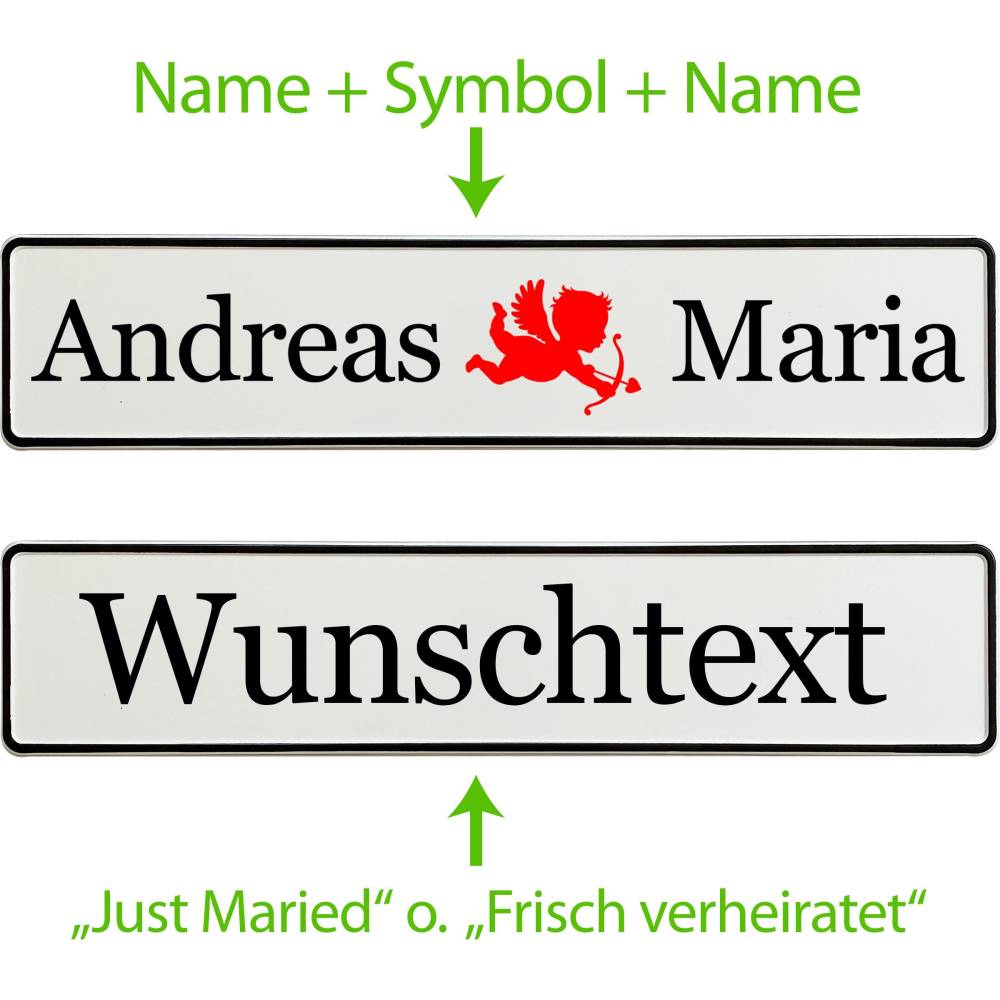 Hochzeit Deko Kennzeichen personalisiert mit Namen u. zB. grod gheirat. Hochzeitskennzeichen selbst gestalten. Bild 3