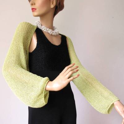 Grüner Damen Bolero mit langen Ärmeln aus Viskose-Mix, gestrickter veganer Shrug Sommer, Einheitsgröße M