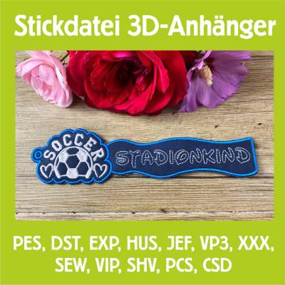 Stickdatei 3D-Anhänger STADIONKIND, Maschinenstickerei, Stickmuster mit Trapunto-Effekt, 3D-Stick, Lesezeichen