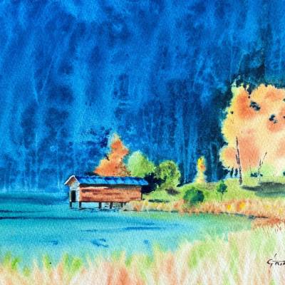 Original Aquarell "Jadesee" |  23 × 31 cm