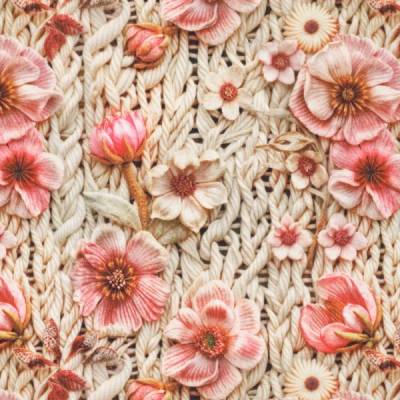 ♕ Alpenfleece Stoff mit Anemonen Blumen Strickoptik naturweiss 50 x 150 cm  Kuschelsweat ♕
