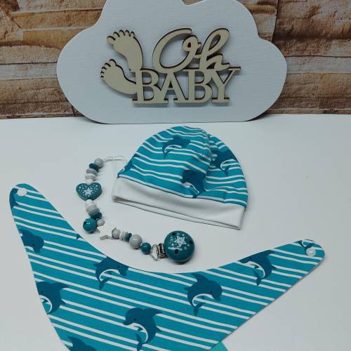 Babyausstattung Erstausstattung Mützchen Beanie Spucktuch Halstuch Geschenk für Baby - Delphine petrol/weiss