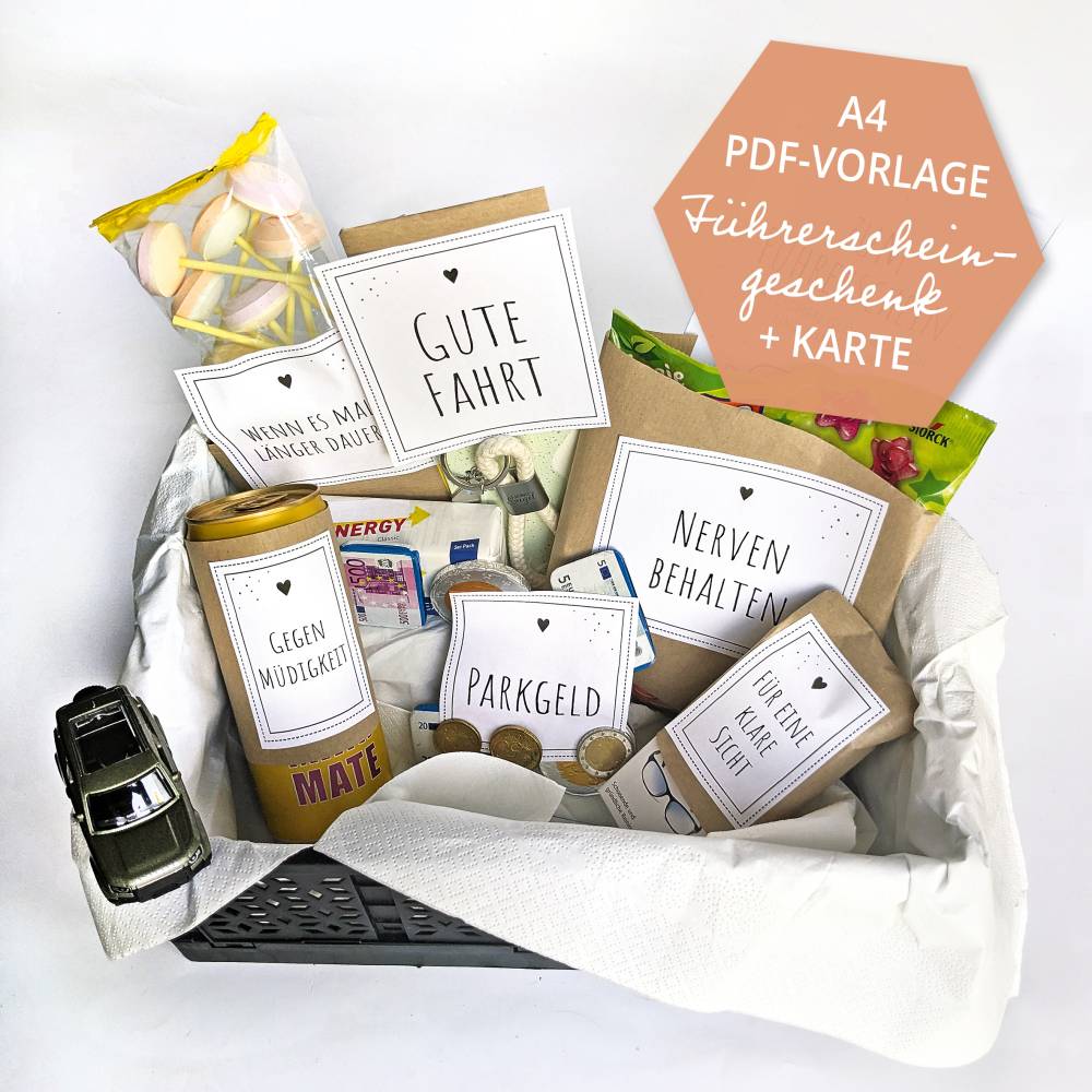 Führerscheingeschenke | zur Führerscheinprüfung | Karte | Druckvorlage A4 | Datei | PDF Vorlage Bild 1