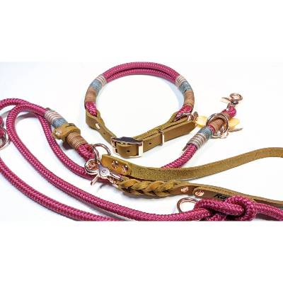 Hundehalsband aus Leder und Tau | 3fach verstellbare Hundeleine 2m mit Lederhandschlaufe | Tauset für alle Hundegrößen i