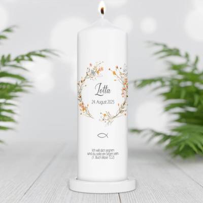 Taufkerze personalisiert mit Namen Datum und Taufspruch "Boho Kranz", Patenkerze, Taufkerze Regenb
