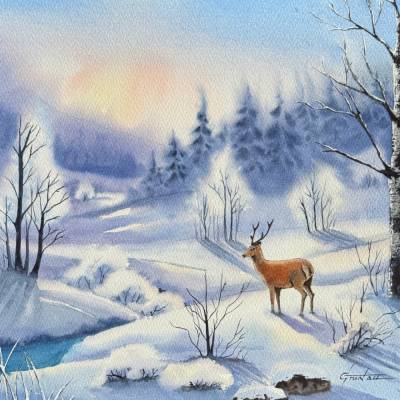 Original Aquarell "Majestät des Winters" | 41 x 31 cm