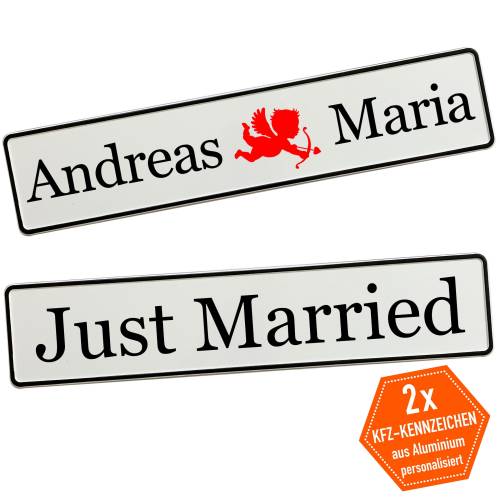Personalisierte Hochzeitskennzeichen mit Namen – 2 Stück, Deko fürs Hochzeitsauto, Wunschtext