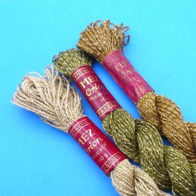 Stickgarn, Handstickgarn, MEZ, Orion, Glanzgarn, Garn creme, beige, grün, Goldfäden, Rarität, Sammler