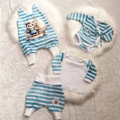 Handgefertigtes Baby Set 4-teilig für Frühchen & Reborn, Gr 48/50 , Jersey, Motiv Auf großer Fahrt