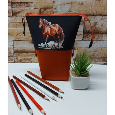 Stiftemäppchen Stifteaufbewahrung Popup-Mäppchen Pencilcase - Pferd in terrakotta/schwarz