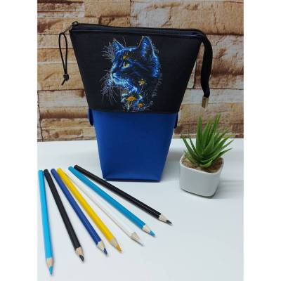 Stiftemäppchen Stifteaufbewahrung Popup-Mäppchen Pencilcase - Katze in blau/schwarz