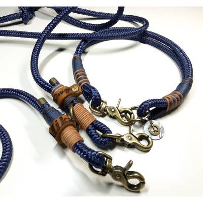 Hundehalsband aus Tau mit Karabinerverschluss | 3fach verstellbare Hundeleine aus Tau in 2,5m |Tauset in marineblau