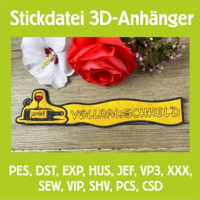 Stickdatei 3D-Anhänger VOLLRAUSCHHELD, Maschinenstickerei, Stickmuster mit Trapunto-Effekt, 3D-Stick, Lesezeichen