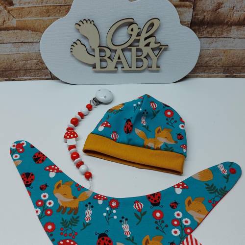 Babyausstattung Erstausstattung Mützchen Beanie Spucktuch Halstuch Geschenk für Baby - kleine Füchse
