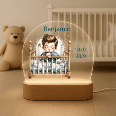 personalisiertes Nachtlicht, Geschenkidee zur Geburt mit Name und Geburtsdatum Junge schlafend im Bett