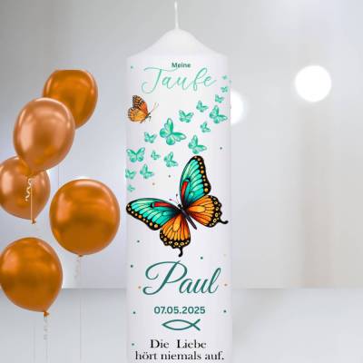 Taufkerze Schmetterling türkis&orange personalisiert 25x8cm|Name,Datum,Taufspruch|Kerze Taufe Mädchen-Jungen|Schmetterli