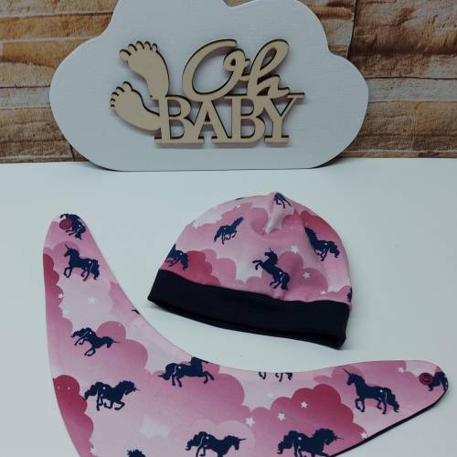 Babyausstattung Erstausstattung Mützchen Beanie Spucktuch Halstuch Geschenk für Baby - Einhörner rosa