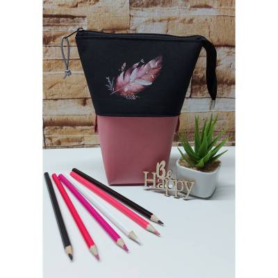 Stiftemäppchen Stifteaufbewahrung Popup-Mäppchen Pencilcase - Feder in rose/schwarz