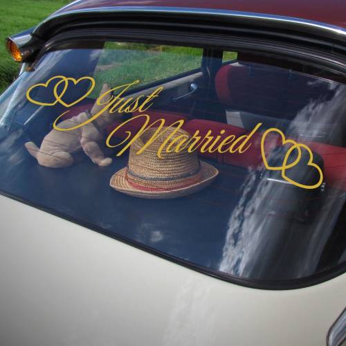 Just Married Hochzeitsauto Aufkleber mit Herzen – 60 cm, 16 Farben, wetterfest & ablösbar