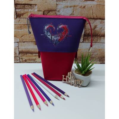 Stiftemäppchen Stifteaufbewahrung Popup-Mäppchen Pencilcase - Musikherz in dunkelpink/lila