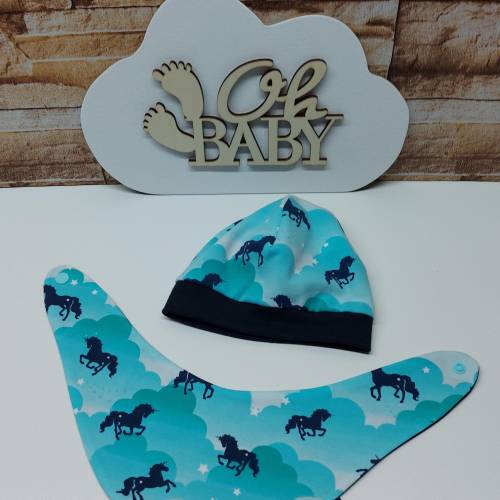 Babyausstattung Erstausstattung Mützchen Beanie Spucktuch Halstuch Geschenk für Baby - Einhörner aquablau