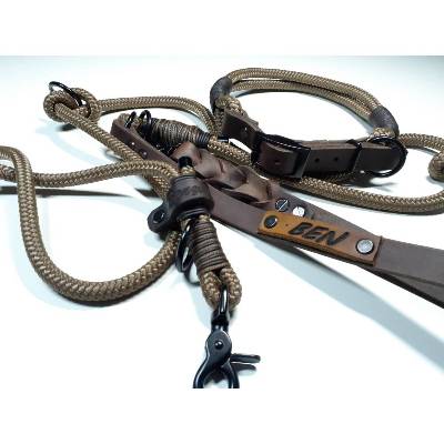 Verstellbares Hundehalsband aus Tau und Leder | 3fach verstellbare Hundeleine 2m mit Lederhandschlaufe in braun | Leine 