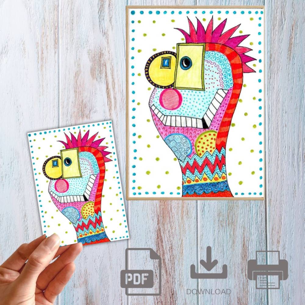 Illustration, Postkarte, Poster, bunter Freak, handgemalt, PDF Download Bild 1