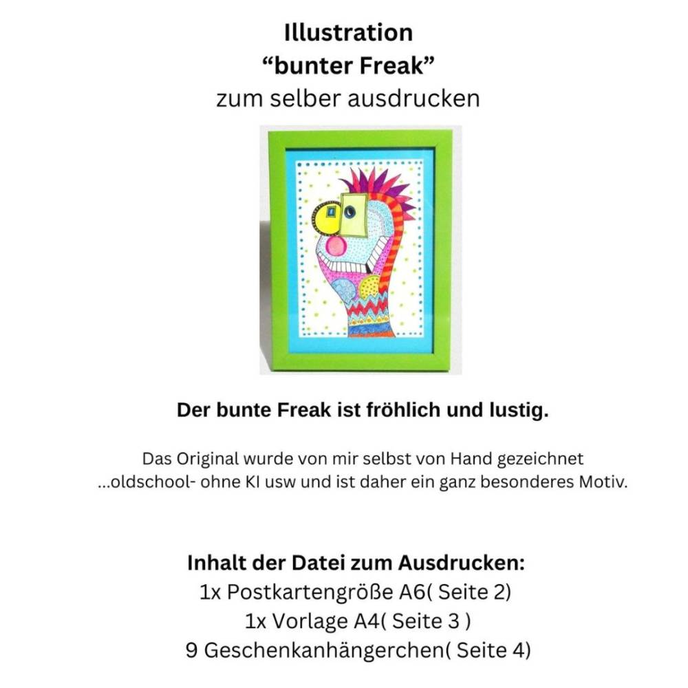 Illustration, Postkarte, Poster, bunter Freak, handgemalt, PDF Download Bild 4