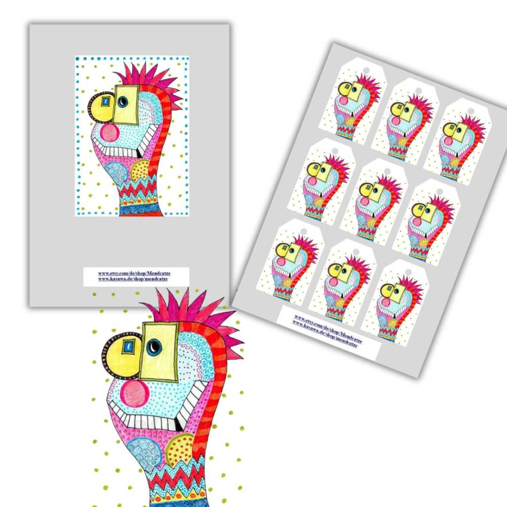 Illustration, Postkarte, Poster, bunter Freak, handgemalt, PDF Download Bild 5