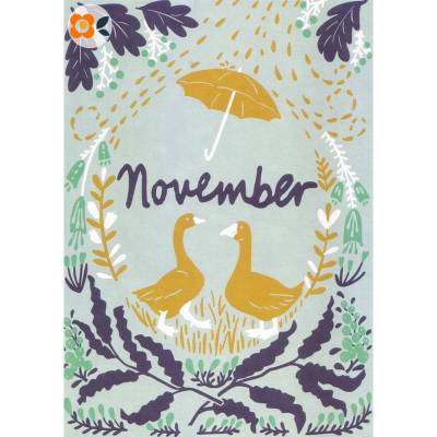 Postkarte, Monatskarte November, mit Gänsepaar unter Regenschirm
