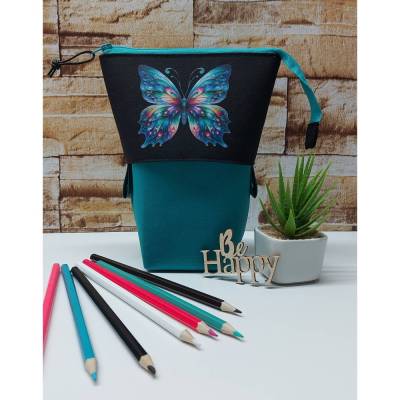 Stiftemäppchen Stifteaufbewahrung Popup-Mäppchen Pencilcase - Schmetterling in smaragd/schwarz