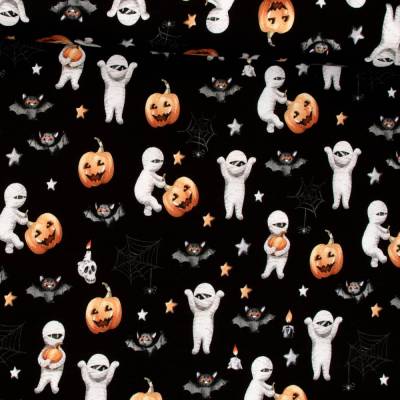 Jersey Digital Baumwolljersey Stoff Mumien Halloween Kürbis Fledermaus 