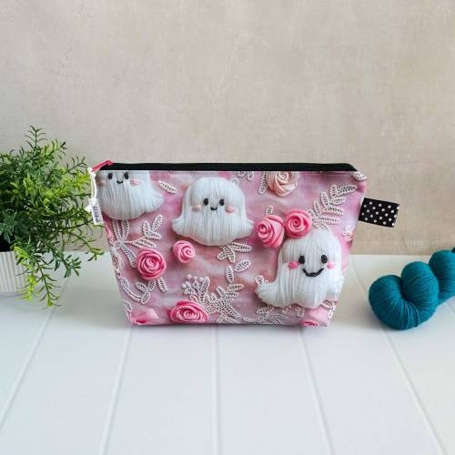 Projekttasche Stricken Socken – Handarbeitstasche klein Wollgeister aus Baumwolle mit Reißverschluss