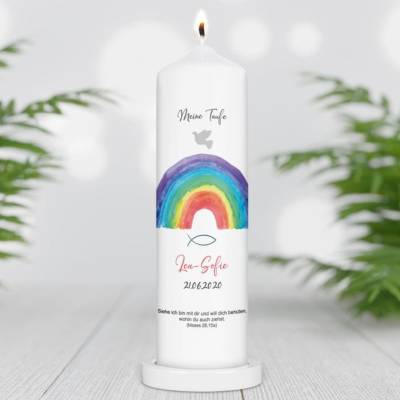 Taufkerze personalisiert mit Namen Datum und Taufspruch "Regenbogen", Patenkerze, Taufkerze Regenb