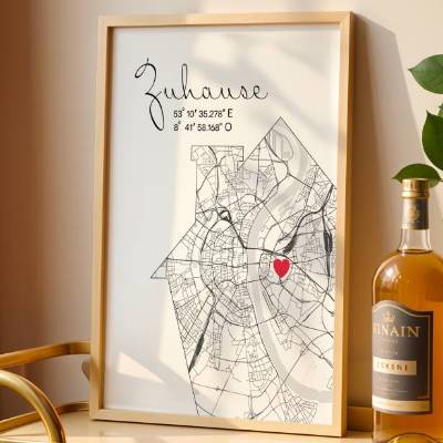 Personalisierte Zuhause-Koordinaten-Karte – Minimalistisches Wandbild mit Herzsymbol und Stadtplan
