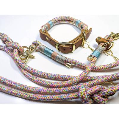 Verstellbares Hundehalsband aus Tau und Leder | 3fach verstellbare Hundeleine 2,5m in mermaid