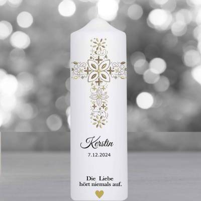 Die Taufkerze Blumenkreuz für Mädchen und Jungen zeichnet sich durch ein modernes, verspieltes Design