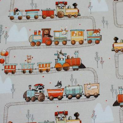 Bio-Jersey Eisenbahn, Tierezug, Stoffonkel, Tiere, Baumwolljersey, Kinderstoff, Bekleidungsstoff, Kinderstoff, beige
