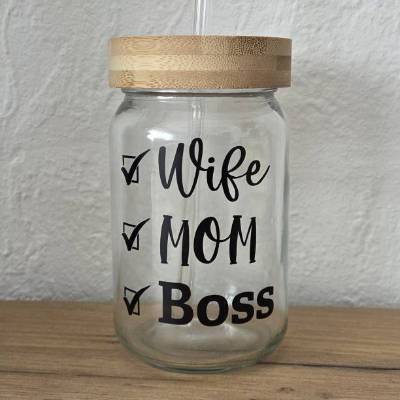 Trinkglas „Wife • Mom • Boss“ – mit Bambusdeckel & Glasstrohhalm