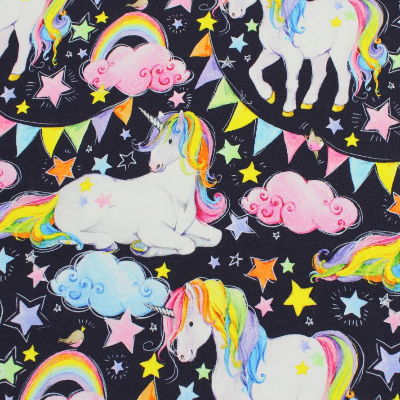 Jersey Einhorn Theo Swafing, Baumwolljersey Kinderstoff, Mädchenstoff, Tiere, Waldtiere, handmade, bunt, marine, pin