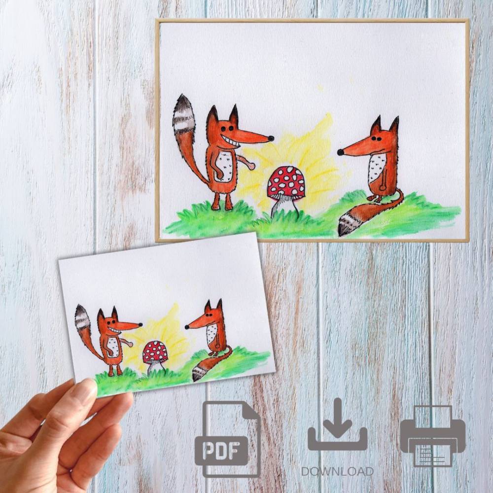Postkarte, Poster, Illustration , zwei Füchse, handgemalt, PDF Download Bild 1