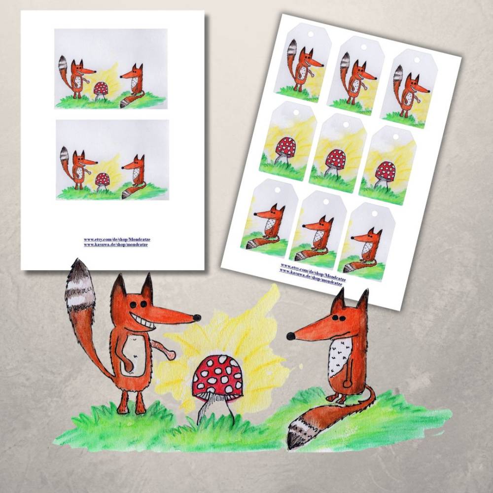 Postkarte, Poster, Illustration , zwei Füchse, handgemalt, PDF Download Bild 5
