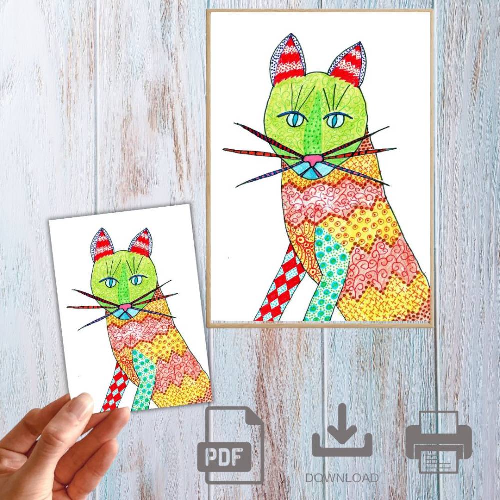 Postkarte, Poster, Illustration , bunte Katze, handgemalt, PDF Download Bild 1