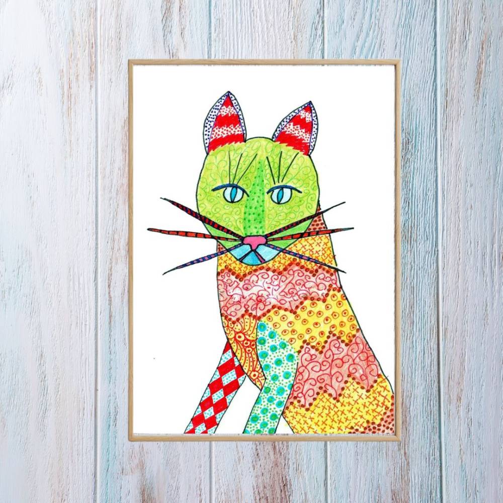 Postkarte, Poster, Illustration , bunte Katze, handgemalt, PDF Download Bild 2