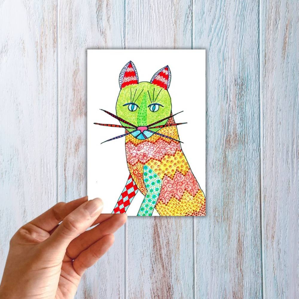 Postkarte, Poster, Illustration , bunte Katze, handgemalt, PDF Download Bild 3