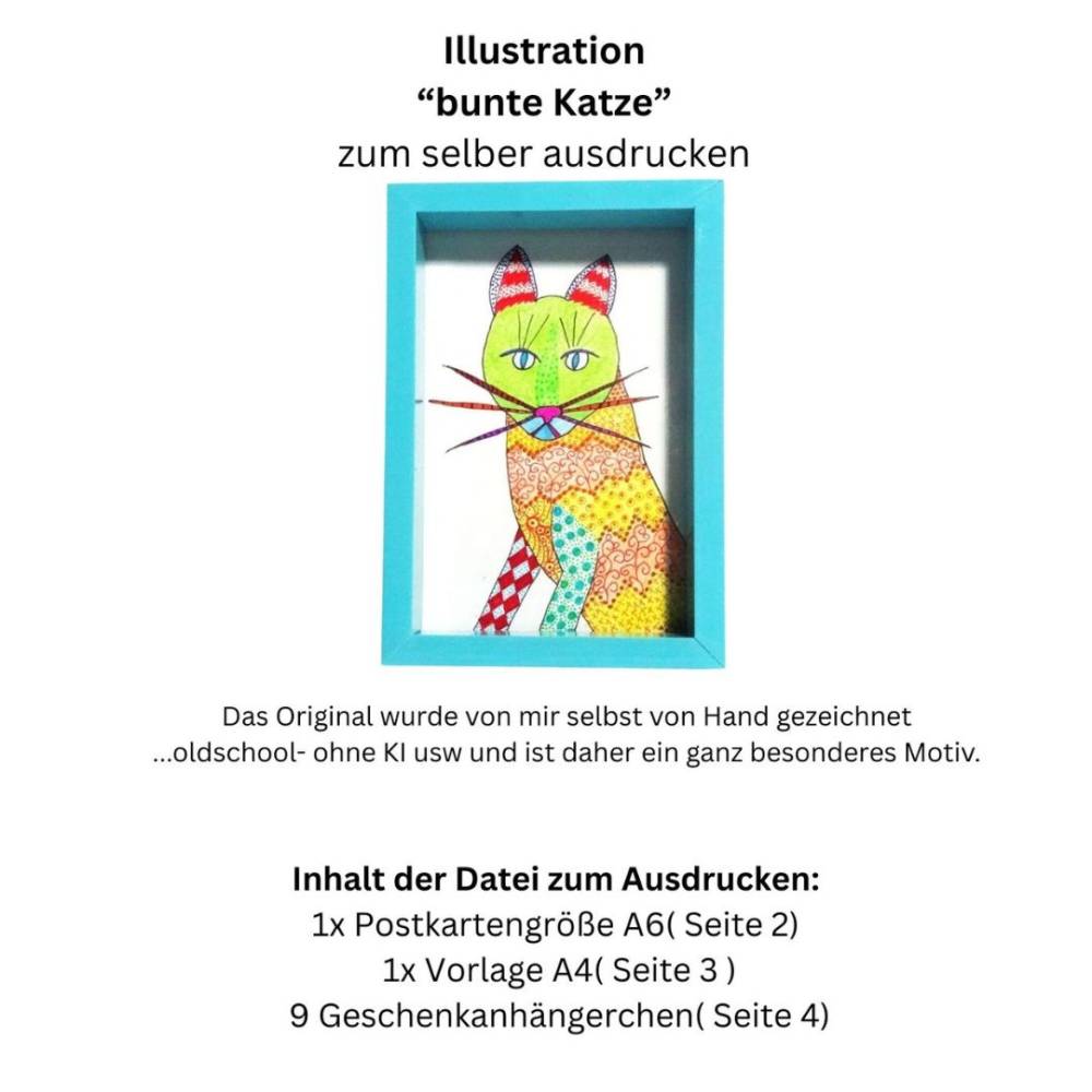 Postkarte, Poster, Illustration , bunte Katze, handgemalt, PDF Download Bild 4